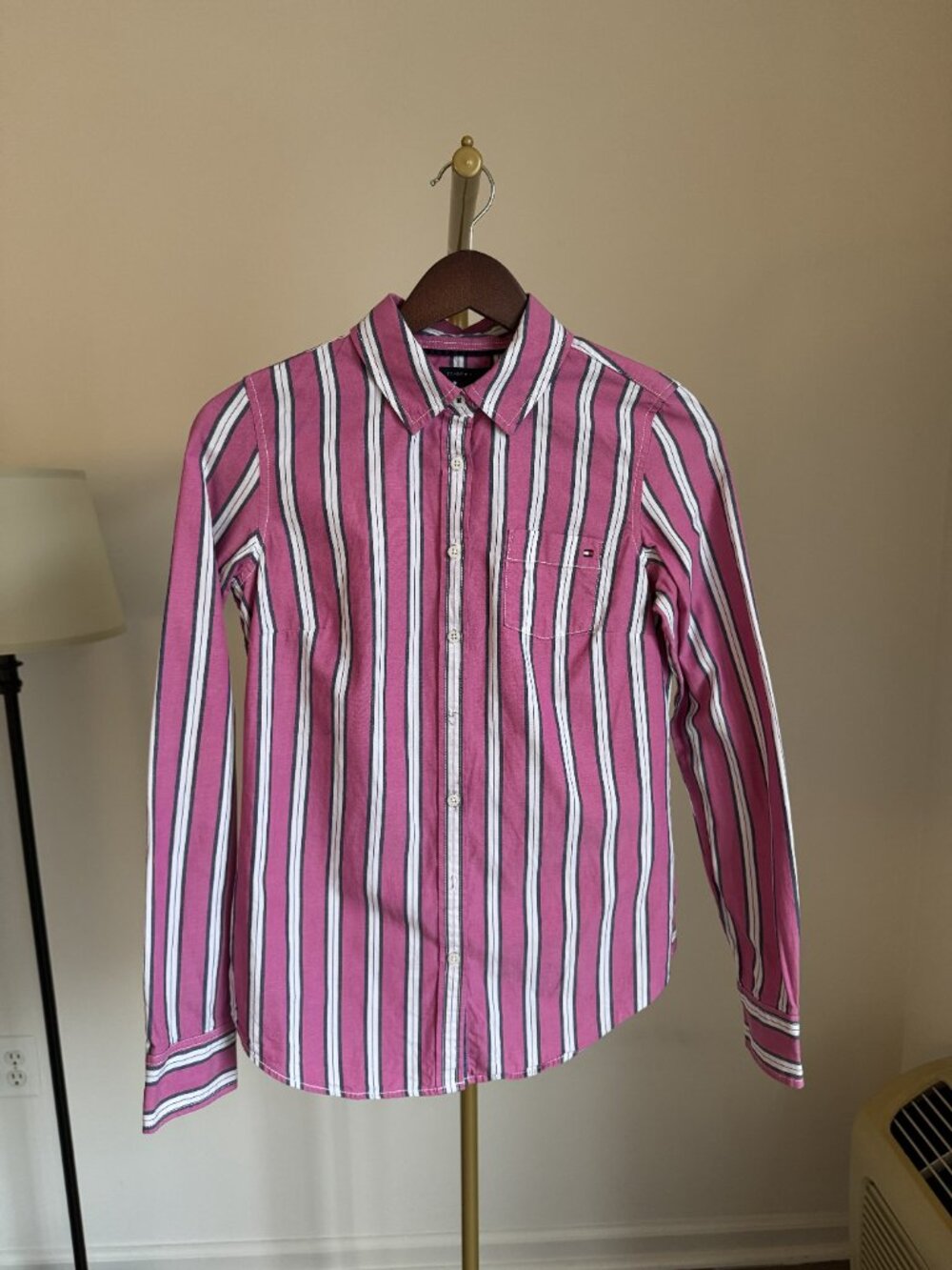Tommy Hilfiger XS Pink Navy White Striped Cotton Button Down Shirt Blouse - Picture 2 of 6